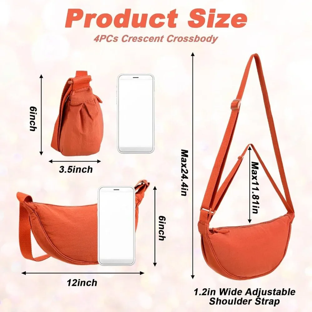 4 Pcs Unisex Moon Shape Nylon Crossbody Bags Black Blue Orange Off White
